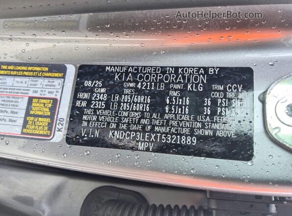 KNDCP3LEXT5321889 2026 KIA NIRO Silver Vista de la etiqueta del VIN