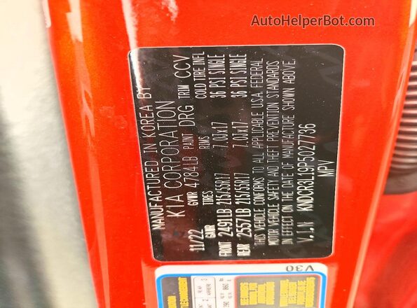 KNDCR3L19P5027736 2023 KIA NIRO Orange VIN კოდის სტიკერის ხედი