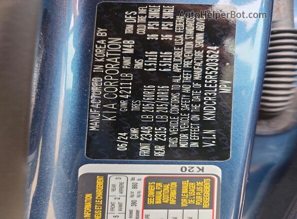 KNDCR3LE5R5203624 2024 KIA NIRO Blue Widok naklejki z numerem VIN