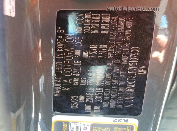 KNDCT3LE7P5107900 2023 KIA NIRO Green VIN կոդի պիտակի տեսք