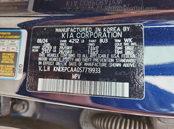KNDEPCAA0S7719933 2025 KIA SELTOS Blue Vista de la etiqueta del VIN
