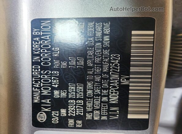 KNDEPCAA1M7225423 2021 KIA SELTOS Gray Вид наклейки з VIN-кодом