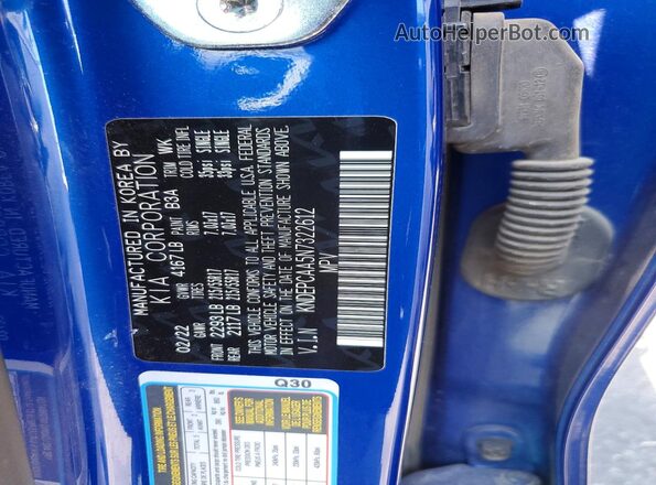 KNDEPCAA5N7322612 2022 KIA SELTOS Blue VIN կոդի պիտակի տեսք