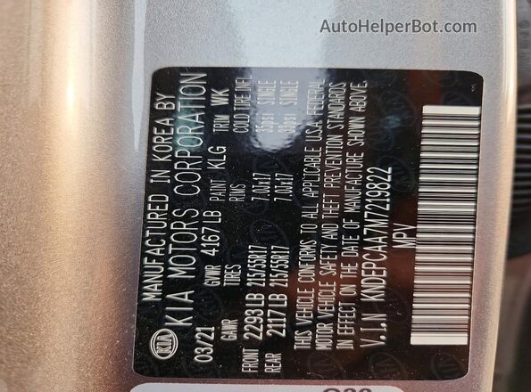 KNDEPCAA7M7219822 2021 KIA SELTOS Gray VIN კოდის სტიკერის ხედი