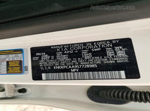 KNDEPCAA9S7728985 2025 KIA SELTOS White VIN კოდის სტიკერის ხედი