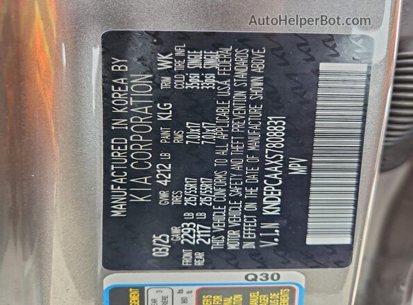 KNDEPCAAXS7808831 2025 KIA SELTOS Silver Vista de la etiqueta del VIN