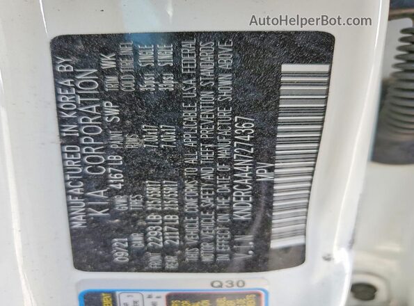 KNDERCAA4N7274367 2022 KIA SELTOS White VIN sticker view