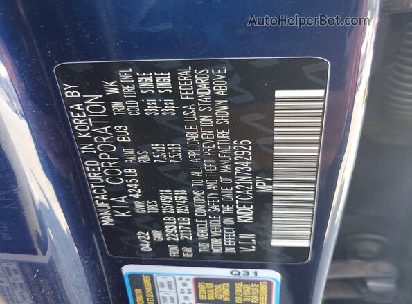 KNDETCA21N7342926 2022 KIA SELTOS Blue Widok naklejki z numerem VIN