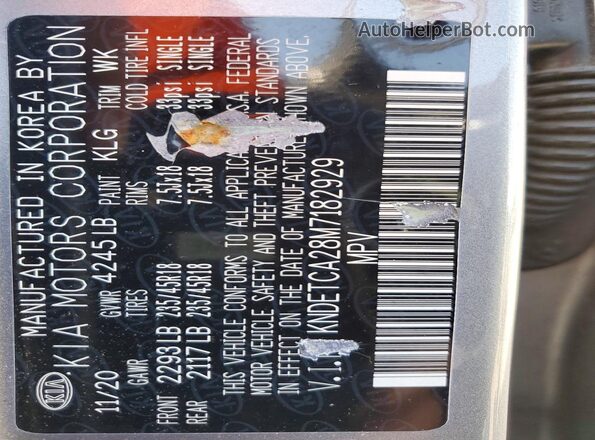 KNDETCA28M7182929 2021 KIA SELTOS Gray Widok naklejki z numerem VIN