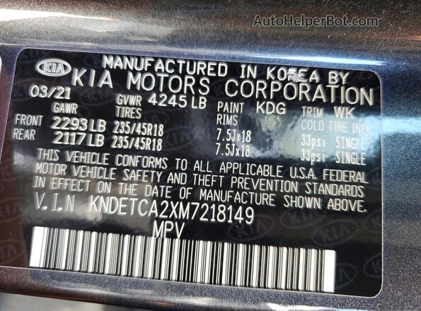 KNDETCA2XM7218149 2021 KIA SELTOS Gray VIN კოდის სტიკერის ხედი