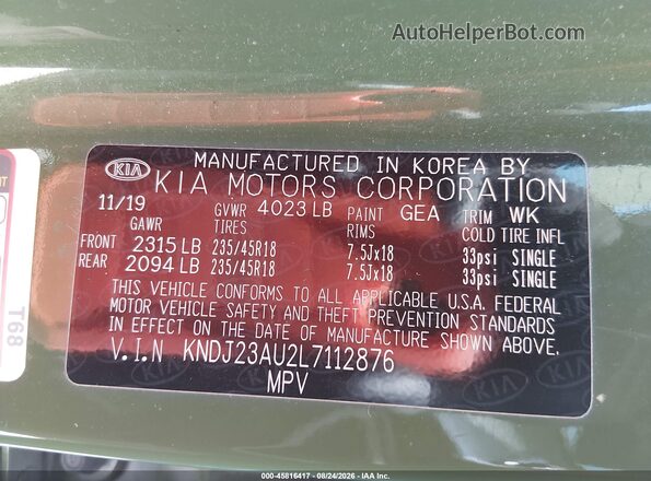 KNDJ23AU2L7112876 2020 KIA SOUL Green ძრავის განყოფილების ხედი