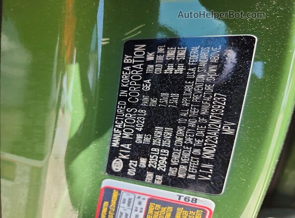 KNDJ23AU2M7139237 2021 KIA SOUL Green Vista de la etiqueta del VIN