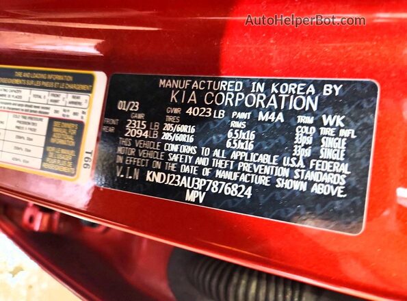 KNDJ23AU3P7876824 2023 KIA SOUL Оранжевый Вид наклейки с VIN-кодом