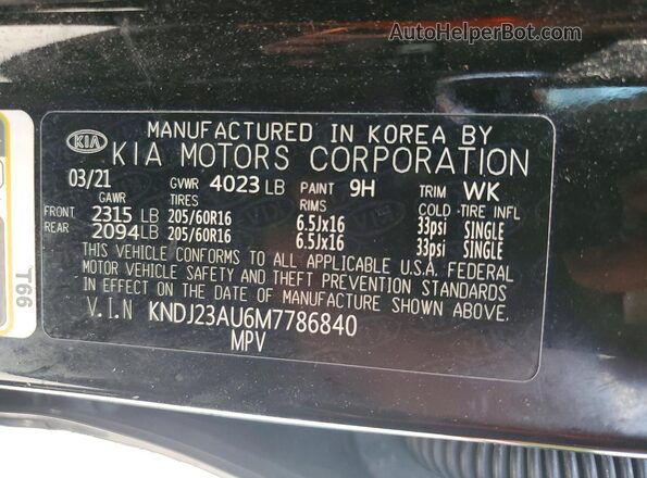 KNDJ23AU6M7786840 2021 KIA SOUL Black VIN կոդի պիտակի տեսք