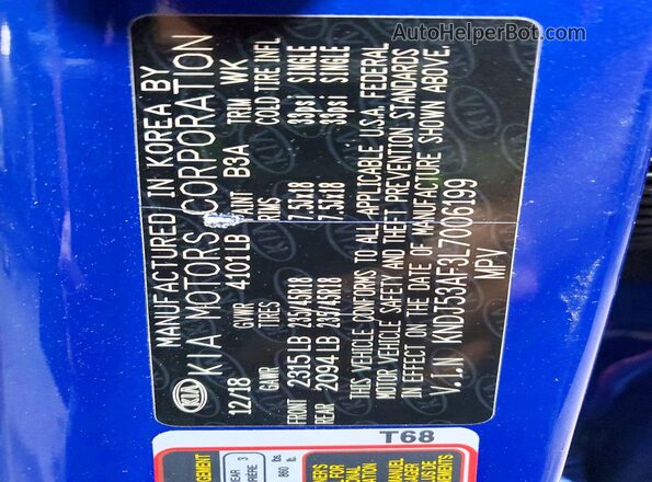 KNDJ53AF3L7006199 2020 KIA SOUL Blue Widok wnętrza 360 stopni