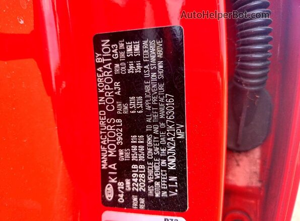 KNDJN2A21K7630167 2019 KIA SOUL Red VIN sticker view