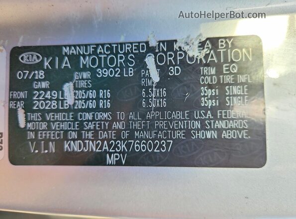 KNDJN2A23K7660237 2019 KIA SOUL Silver Widok wnętrza 360 stopni