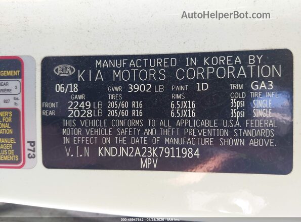 KNDJN2A23K7911984 2019 KIA SOUL White ძრავის განყოფილების ხედი