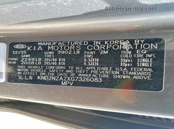 KNDJN2A2XG7326083 2016 KIA SOUL Charcoal VIN sticker view