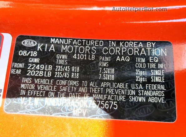 KNDJP3A50K7675675 2019 KIA SOUL Orange Вид наклейки з VIN-кодом
