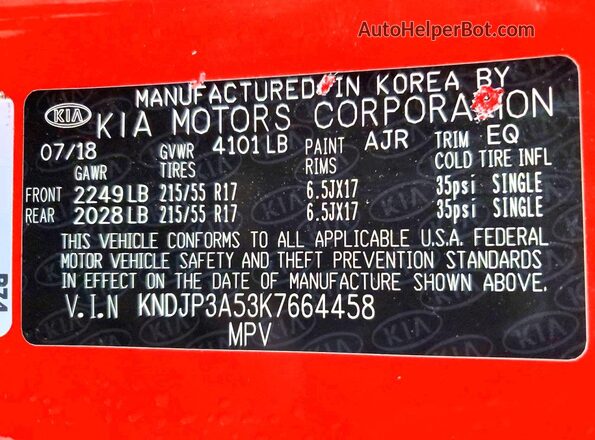 KNDJP3A53K7664458 2019 KIA SOUL Red Widok naklejki z numerem VIN