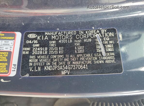 KNDJP3A54G7370641 2016 KIA SOUL Синий Вид наклейки с VIN-кодом