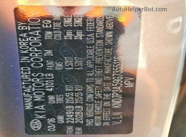KNDJP3A59G7355116 2016 KIA SOUL Коричневый Вид наклейки с VIN-кодом