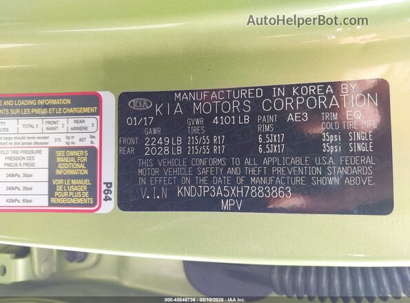 KNDJP3A5XH7883863 2017 KIA SOUL Green Vista del compartimento del motor