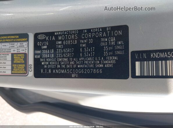 KNDMA5C10G6207866 2016 KIA SEDONA Silver Engine compartment view