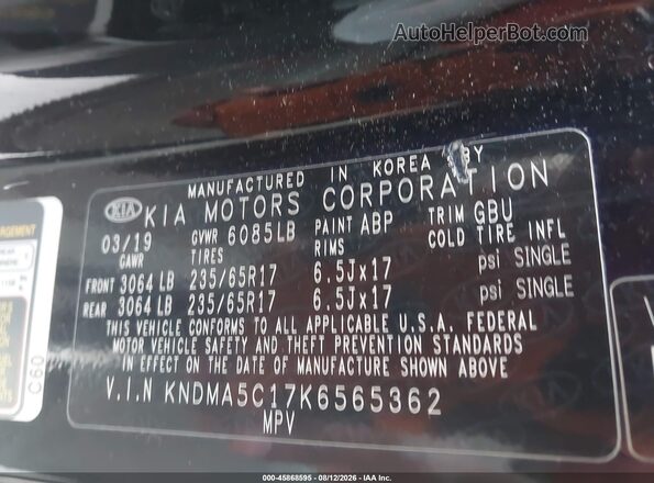 KNDMA5C17K6565362 2019 KIA SEDONA Black Widok komory silnika