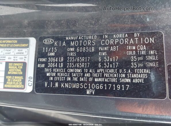 KNDMB5C10G6171917 2016 KIA SEDONA Gray Engine compartment view