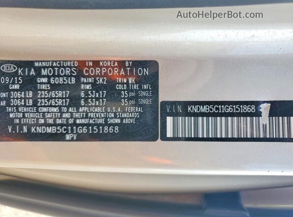 KNDMB5C11G6151868 2016 KIA SEDONA Tan Вид наклейки з VIN-кодом