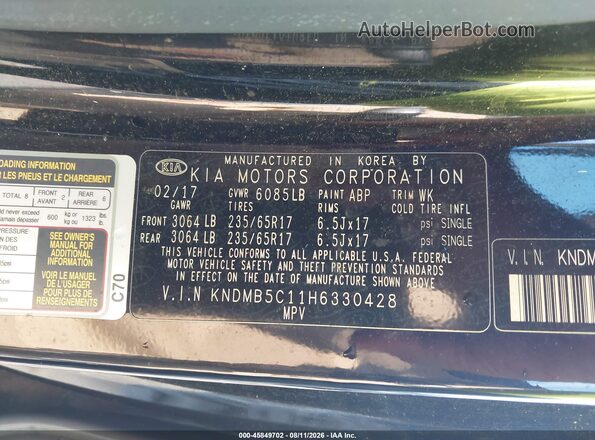 KNDMB5C11H6330428 2017 KIA SEDONA Black Вид підкапотного простору