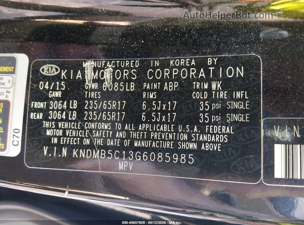 KNDMB5C13G6085985 2016 KIA SEDONA Black Vista del compartimento del motor
