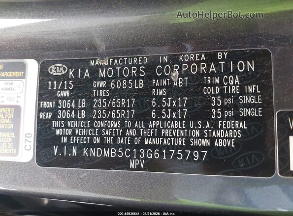 KNDMB5C13G6175797 2016 KIA SEDONA Gray Widok komory silnika