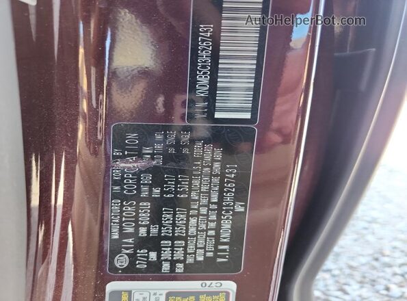 KNDMB5C13H6267431 2017 KIA SEDONA Бордовый Вид наклейки с VIN-кодом