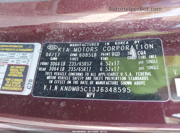 KNDMB5C13J6348595 2018 KIA SEDONA Maroon Widok komory silnika