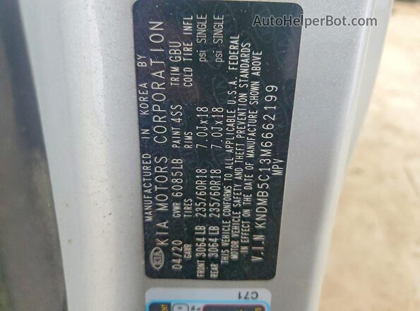 KNDMB5C13M6662199 2021 KIA SEDONA Silver Vista de la etiqueta del VIN