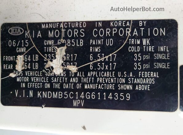 KNDMB5C14G6114359 2016 KIA SEDONA White Widok naklejki z numerem VIN