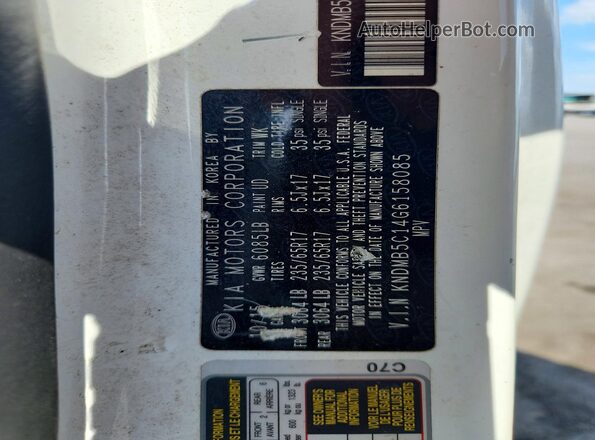 KNDMB5C14G6158085 2016 KIA SEDONA White Widok naklejki z numerem VIN