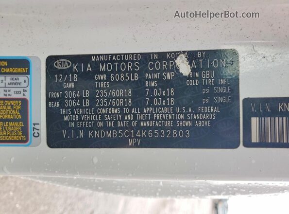 KNDMB5C14K6532803 2019 KIA SEDONA Белый Вид наклейки с VIN-кодом