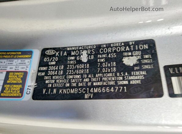 KNDMB5C14M6664771 2021 KIA SEDONA Silver Вид наклейки з VIN-кодом