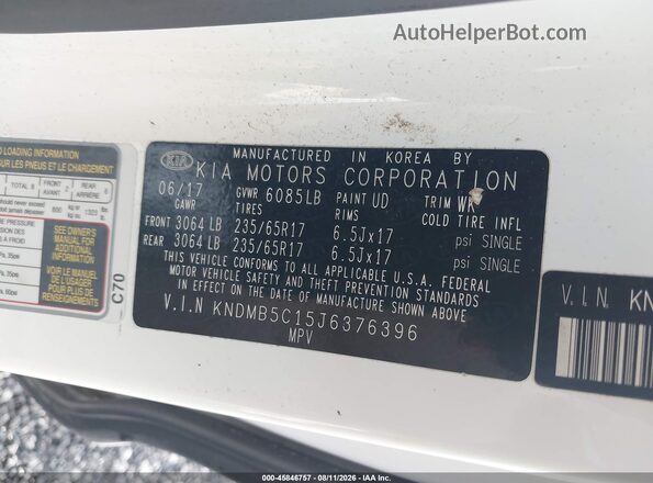 KNDMB5C15J6376396 2018 KIA SEDONA White Vista del compartimento del motor