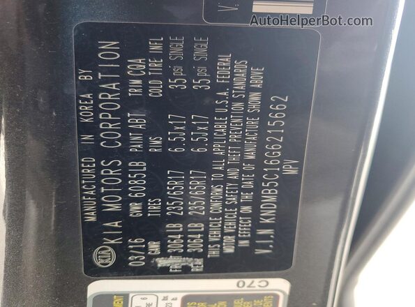 KNDMB5C16G6215662 2016 KIA SEDONA Gray VIN sticker view