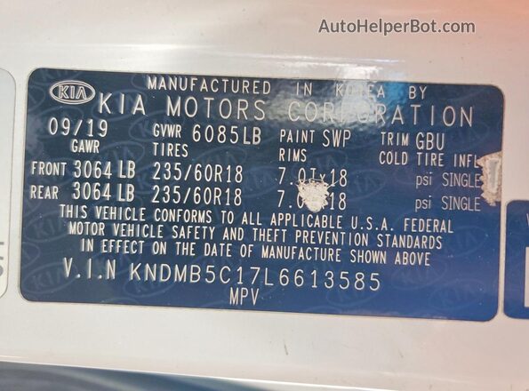 KNDMB5C17L6613585 2020 KIA SEDONA White Widok naklejki z numerem VIN