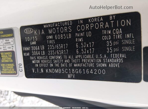 KNDMB5C18G6164200 2016 KIA SEDONA White Widok komory silnika