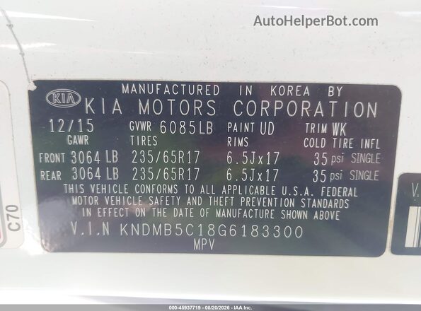 KNDMB5C18G6183300 2016 KIA SEDONA White ძრავის განყოფილების ხედი