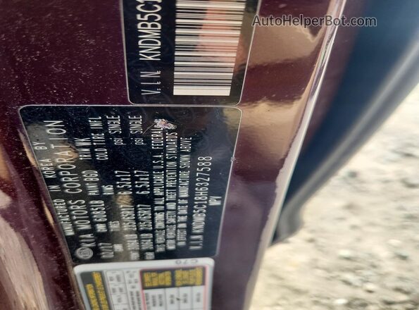 KNDMB5C18H6327588 2017 KIA SEDONA Maroon Vista de la etiqueta del VIN