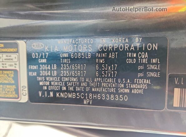KNDMB5C18H6338350 2017 KIA SEDONA Gray VIN sticker view