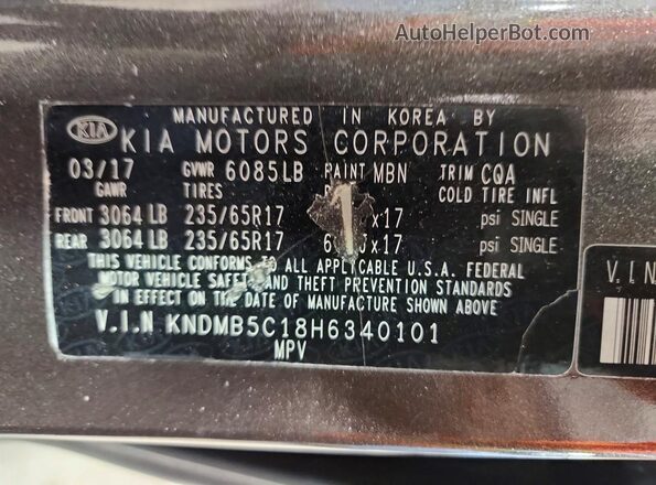 KNDMB5C18H6340101 2017 KIA SEDONA Gray Vista de la etiqueta del VIN